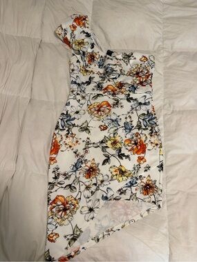 Privy White Floral One-Shoulder Dress with Orange & Yellow Blooms
